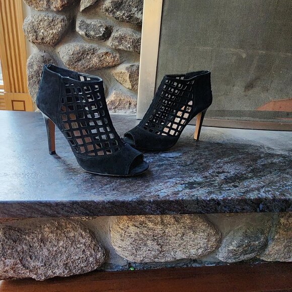 Audrey Brooke “Marseille” Black Suede Open Toe Gladiator Heels Bootie Size 8.5M - Picture 7 of 16